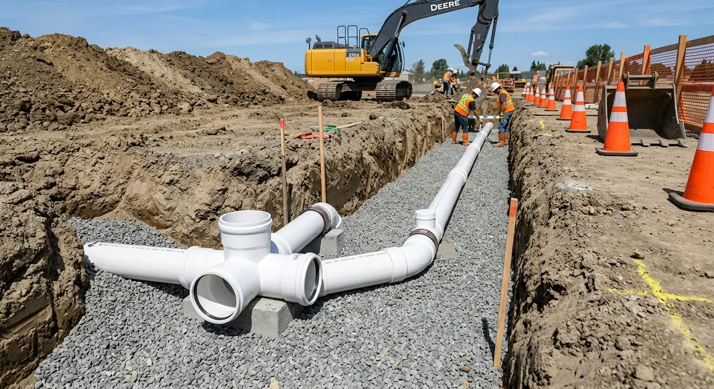 New PVC sewer pipe installation in open trench for Commercial Drain Cleaning in Prospect Park