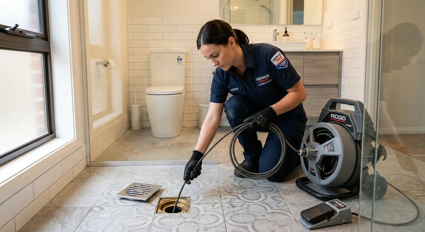 Technician clearing a bathroom floor drain for Drain Cleaning in Prospect Park